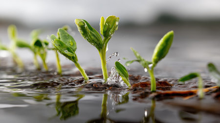 This captivating image showcases fresh green seedlings breaking through rich soil, adorned with glistening water droplets, symbolizing new beginnings and vitality.の素材
