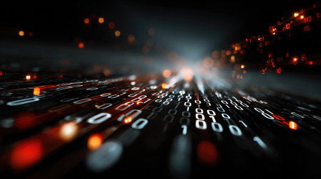 This captivating image showcases the dynamic flow of binary data in a dark environment, symbolizing the essence of digital transformation and technology innovation.の素材