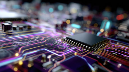 A detailed close-up view of a circuit board showcasing brightly colored electronic connections and a microprocessor, highlighting modern technology.の素材
