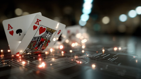 A captivating image featuring playing cards laid out on a table, including an Ace of Spades, a King of Hearts, and a Nine of Hearts, surrounded by enchanting sparkle lights, creating a vibrant atmosphere perfect for a gambling or nightlife setting.の素材