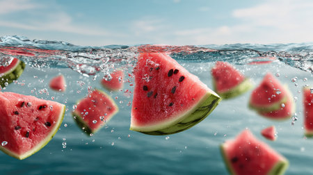 This captivating image features vibrant watermelon wedges floating above the surface of crystal clear water, evoking feelings of summer and refreshment.の素材