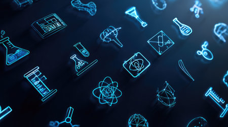 A captivating collection of neon science icons and symbols on a dark background, perfect for projects related to education, technology, and research themes.の素材