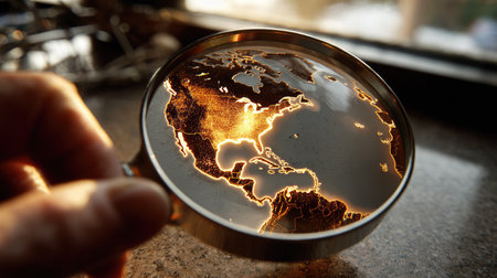 A close-up view of a magnifying glass showcasing a glowing map of North America. This image symbolizes exploration, discovery, and the beauty of geography.の素材