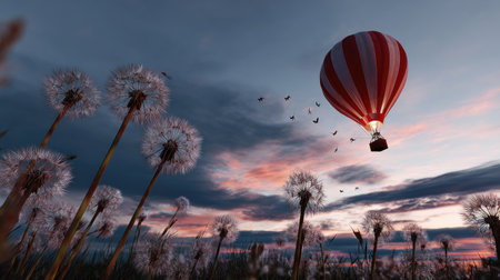 A vibrant hot air balloon floats gracefully over a field of dandelions during a stunning sunrise, capturing the essence of adventure and natureの素材