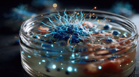 This image showcases an abstract view of biological cells in a petri dish, featuring vivid colors and glowing patterns that highlight scientific and medical exploration.の素材