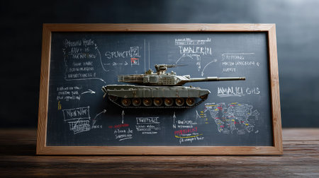 A tank model is placed on a chalkboard adorned with handwritten notes and diagrams, serving as a captivating educational tool for military studies and strategy.の素材