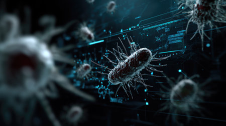 This image depicts a stunning visualization of bacteria with intricate digital effects and an abstract background, ideal for representing scientific research and medical concepts.の素材