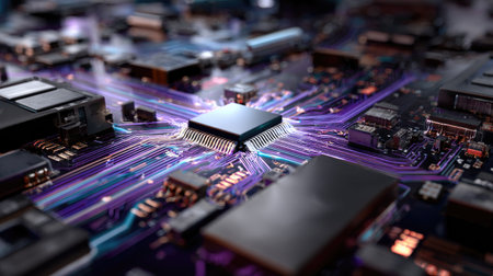 This stunning close-up image showcases a computer chip at the center of intricate circuitry and vibrant electric connections, representing modern technology's essence.の素材