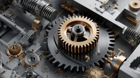 This image showcases an intricate close-up view of metallic gears and mechanical parts, emphasizing the details and precision of industrial machinery components.の素材