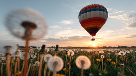 A breathtaking hot air balloon rises over a vibrant field of dandelions at sunset, creating a serene and picturesque landscape rich in color and tranquility.の素材