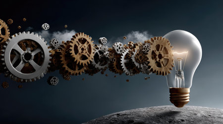 A captivating image featuring a light bulb emerging from a dynamic array of gears and steam, illustrating the fusion of creativity and technology in a dark and atmospheric environment.の素材