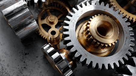 This close-up image captures the intricate design of metal gears, showcasing their shiny surfaces and precision craftsmanship, symbolizing engineering excellence.の素材