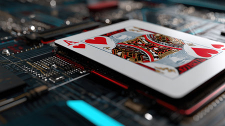 This striking image features the Ace of Hearts playing card positioned on a detailed electronic circuit board, merging gaming and technology in a vibrant composition.の素材