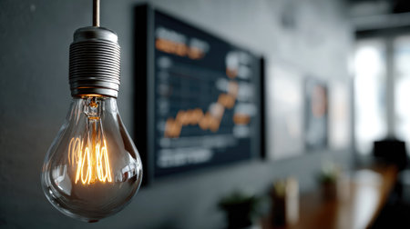 A stylish light bulb suspended in a modern office space creates a cozy atmosphere, accentuated by graphs on the wall and a professional setting.の素材