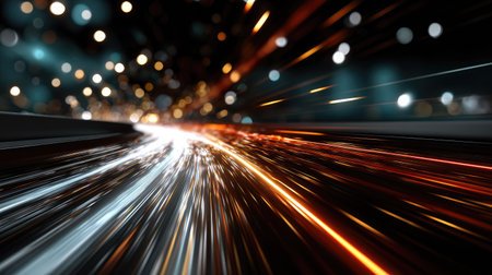 This captivating image features an abstract representation of light trails in motion, showcasing vibrant colors and a blurred effect. Ideal for modern designs.の素材