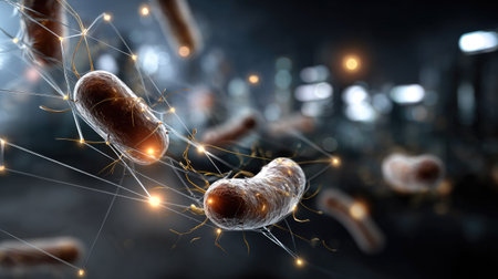 This captivating image showcases bacteria in dynamic motion, enhanced by light effects against an abstract background, symbolizing scientific exploration and innovation.の素材