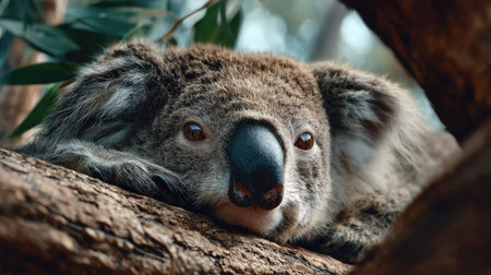 This image captures a serene close-up of a koala resting comfortably on a tree branch surrounded by green leaves, showcasing its gentle demeanor and unique features.の素材