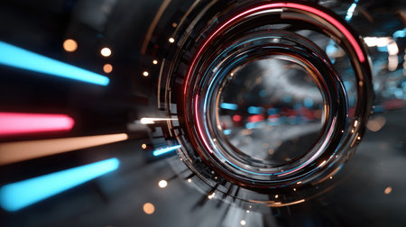 This image features a futuristic abstract tunnel showcasing glowing lights and metallic reflections that create a dynamic and immersive visual experience.の素材