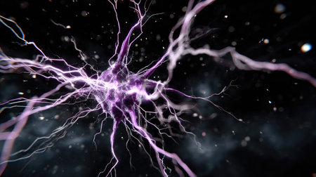 This image showcases an abstract depiction of a neural network, featuring vibrant electric impulses against a dark cosmic background, emphasizing connectivity.の素材