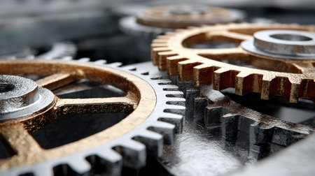 This high-resolution image features intricate metal gears interlocked, showcasing a mix of silver and gold finishes. Perfect for projects related to technology and engineering.の素材