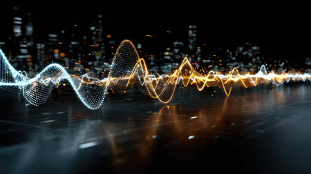 This modern abstract illustration showcases elegant sound waves with glowing frequencies set against a vibrant urban city skyline at night.の素材