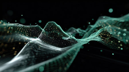 A stunning abstract representation of digital waves in motion, highlighted by floating particles and streams of light, creating an atmosphere of depth and energy.の素材