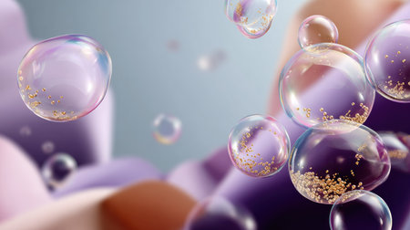 Stunning visual of colorful bubbles floating gracefully above a soft abstract background. The gentle gradients and light reflections create a serene atmosphere.の素材