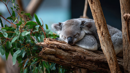 A serene scene showcasing a koala sleeping on a tree branch. This adorable marsupial is nestled among lush green leaves in its natural habitat, exuding tranquility.の素材