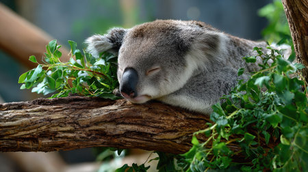 A serene image of a sleeping koala resting comfortably on a branch, surrounded by lush green leaves, showcasing the beauty of wildlife in its natural habitat.の素材