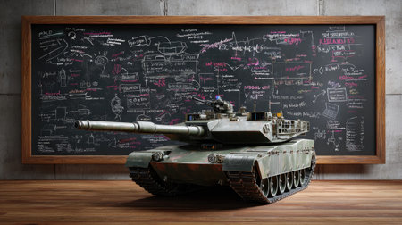 A military tank stands prominently against a chalkboard filled with technical diagrams and notes, symbolizing education in warfare and technology.の素材