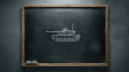 A detailed chalk drawing of a military tank on a blackboard, serving as an educational illustration. The clean background enhances the artistic appeal.の素材