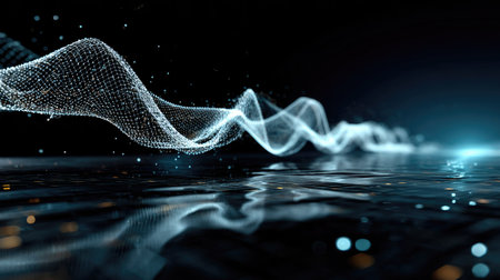 This captivating image features an abstract representation of light waves flowing gracefully over a shimmering surface, set against a dark background.の素材