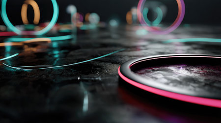 A captivating abstract scene featuring glowing circles set against a dark background. This composition highlights modern digital aesthetics with vibrant light elements.の素材