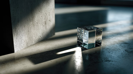 A captivating image of a transparent glass cube resting on a floor, casting intricate shadows and reflections, showcasing a blend of light and design in a modern setting.の素材