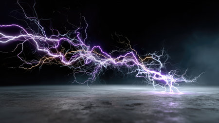 This stunning image captures a dramatic lightning strike illuminating a dark environment. The bright purple and white electric flares create dynamic visual effects against the textured ground surface.の素材