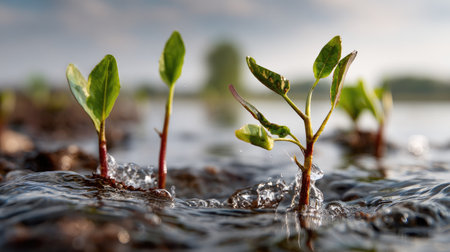 A serene scene featuring fresh green plants emerging from crystal-clear water, capturing the essence of nature's beauty and growth in the morning light.の素材