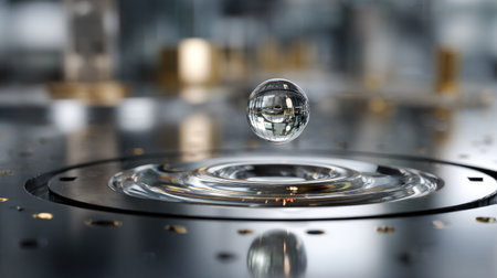 Captivating macro shot capturing a single water droplet suspended above a reflective surface, creating ripples and elegant reflections in a serene environment.の素材