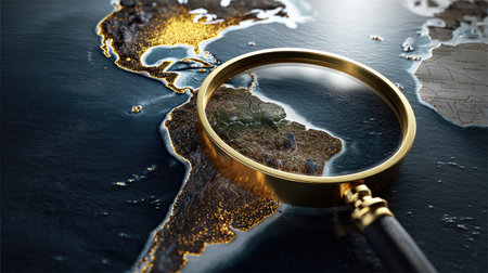 This captivating image showcases South America viewed through a magnifying glass on a globe. The intricate details of geography, including coastlines and urban areas, are highlighted, inviting exploration and discovery.の素材