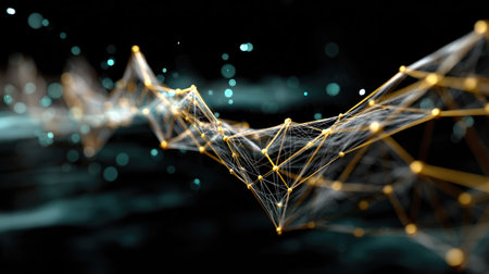 Dynamic visualization of an abstract digital network features glowing nodes and flowing lines against a dark background, representing innovation and technology.の素材