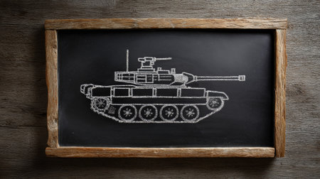 This image features a chalk drawing of a military tank on a rustic blackboard framed in wood, showcasing a unique artistic representation of defense technology.の素材