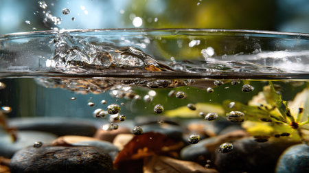 A stunning close-up of water splashing over smooth stones, featuring vibrant leaves and beautiful reflections in a serene natural environment.の素材