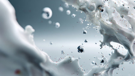 Captivating image of a dynamic liquid splash with droplets suspended in motion, creating a stunning visual effect against a soft gray background.の素材