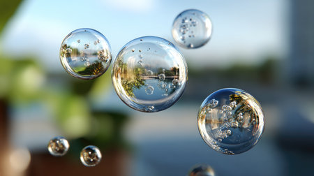 This vivid image captures floating soap bubbles with intricate reflections against a soft outdoor backdrop, highlighting their transparent beauty and playful essence.の素材