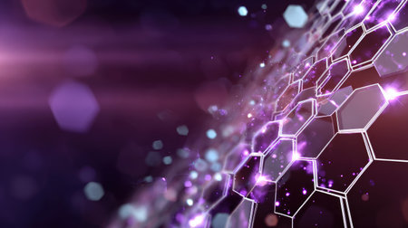 This abstract image features a hexagonal pattern enhanced with glowing elements and soft light effects, set against a vibrant purple background.の素材