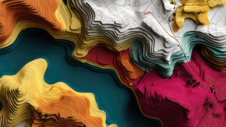 Explore an abstract topographical landscape showcasing vibrant layers of color, with water interspersed among relief patterns, ideal for artistic projects.の素材