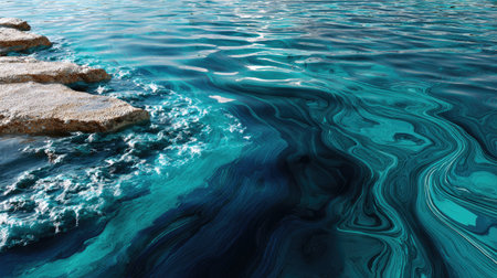 A beautiful viewpoint of ocean waves gently lapping against a rocky shoreline, showcasing turquoise water with dynamic patterns under a bright sky.の素材
