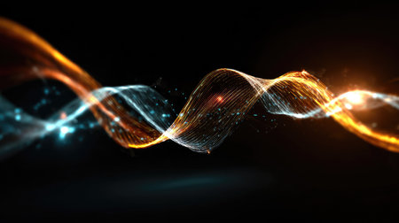This image showcases vibrant flowing waves of light in an abstract design, capturing dynamic energy and fluid motion against a dark backdrop.の素材