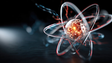 This captivating image showcases an artistic interpretation of an atom, featuring energetic electrons swirling around a glowing core in a dark, atmospheric setting.の素材