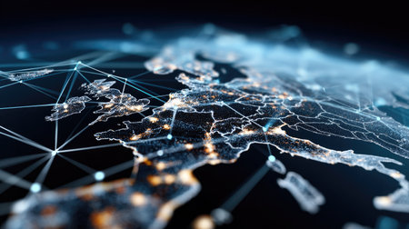 Stunning digital map of Europe showcasing intricate network connections and vibrant lights against a dark background, illustrating modern geography and technology.の素材