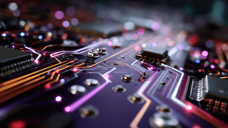 This close-up image captures a vibrant circuit board with intricate details, showcasing modern technology components and glowing lights. Perfect for tech themes.の素材